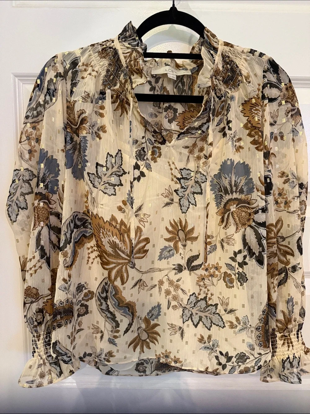 LOFT Cream Floral Sheer Blouse with Brown and Blue Print